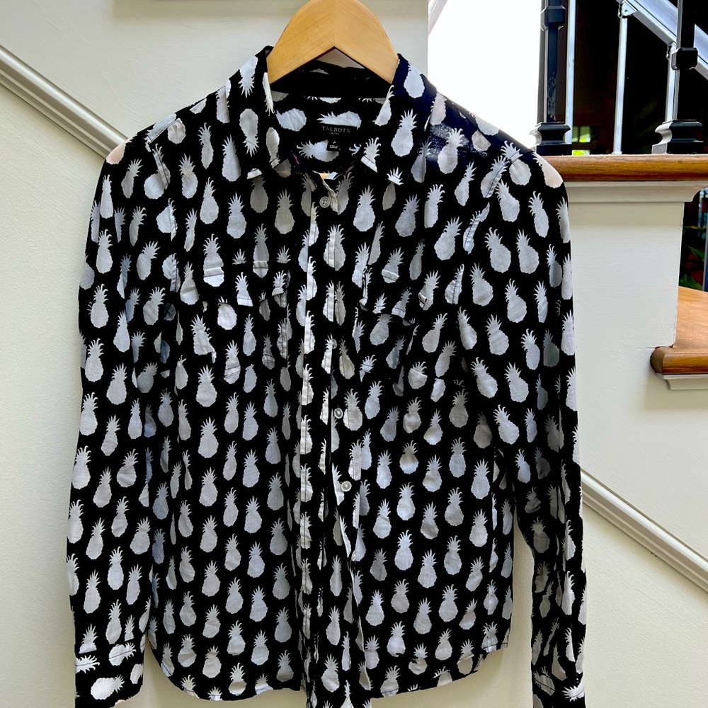 Silky soft blouse from Talbots. White pineapples on black background! Size P.